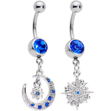 将图片加载到图库查看器,Blue Gem Compass Star Crescent Moon Dangle Belly Ring Set of 2