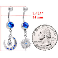 将图片加载到图库查看器,Blue Gem Compass Star Crescent Moon Dangle Belly Ring Set of 2