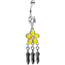 Load image into Gallery viewer, Clear Gem Yellow Flower Feathers Dreamcatcher Dangle Belly Ring