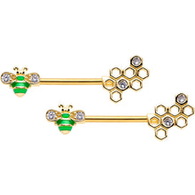 Load image into Gallery viewer, 14G 9/16 Clear Gem Gold Tone Green Bee Barbell Nipple Ring Set