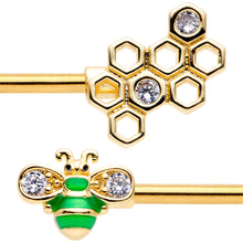 Load image into Gallery viewer, 14G 9/16 Clear Gem Gold Tone Green Bee Barbell Nipple Ring Set