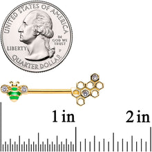 Load image into Gallery viewer, 14G 9/16 Clear Gem Gold Tone Green Bee Barbell Nipple Ring Set