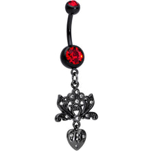 Load image into Gallery viewer, Red Clear Gem Black Lotus Flower Heart Dangle Belly Ring