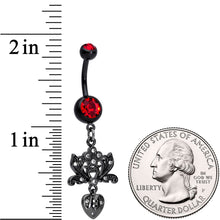 Load image into Gallery viewer, Red Clear Gem Black Lotus Flower Heart Dangle Belly Ring