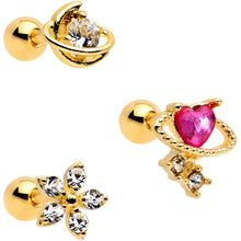 Load image into Gallery viewer, 16G 1/4 Clear CZ Gem Gold Tone Moon Cartilage Tragus Set of 3