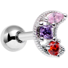 Load image into Gallery viewer, 16G 1/4 Red Pink Blue CZ Gem Crescent Moon Cartilage Tragus Earring