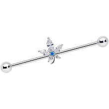 Load image into Gallery viewer, 14G Clear Blue CZ Gem Marijuana Leaf Industrial Barbell 38mm