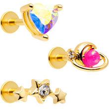 Load image into Gallery viewer, 16G 5/16 Pink Faux Opal Gold Tone Heart Labret Tragus Set of 3