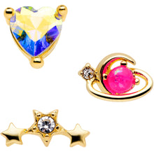 Load image into Gallery viewer, 16G 5/16 Pink Faux Opal Gold Tone Heart Labret Tragus Set of 3