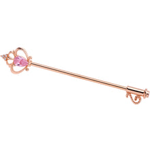 Load image into Gallery viewer, 14G Pink CZ Gem Rose Gold Tone Princess Key Industrial Barbell 38mm