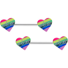 Load image into Gallery viewer, 14G 5/8 Rainbow Embrace Pride Heart Barbell Nipple Ring Set