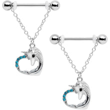 Load image into Gallery viewer, 14G 5/8 Aqua Gem Unicorn Heart Dangle Barbell Nipple Ring Set