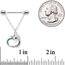 Load image into Gallery viewer, 14G 5/8 Aqua Gem Unicorn Heart Dangle Barbell Nipple Ring Set
