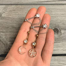 Load image into Gallery viewer, 14G 5/8 Clear CZ Star Gem Chain Dangle Nipple Ring Set