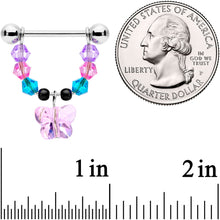 Load image into Gallery viewer, 14G 5/8 Pink Blue Purple Gem Butterfly Dangle Barbell Nipple Ring Set