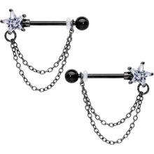 Load image into Gallery viewer, 14G 5/8 Clear CZ Star Gem Black Chain Dangle Nipple Ring Set
