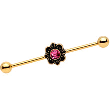 Load image into Gallery viewer, 14G Pink Gem Gold Tone Flower Industrial Barbell 38mm