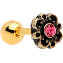 Load image into Gallery viewer, 16G 1/4 Pink Gem Gold Tone Flower Emblem Tragus Cartilage Earring