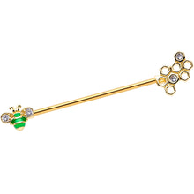 Load image into Gallery viewer, 14G Clear Gem Gold Tone Green Bee Industrial Barbell 38mm