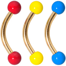 Load image into Gallery viewer, 16G 5/16 Red Yellow Blue Glow Gold Tone Curved Barbell Set of 3