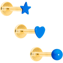 Load image into Gallery viewer, 16G 5/16 Gold Tone Blue Glow Star Heart Labret Set of 3