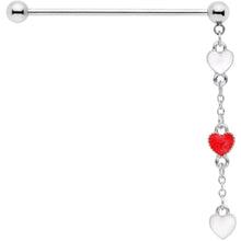 Load image into Gallery viewer, 14G Red White Hearts Dangle Industrial Barbell 38mm
