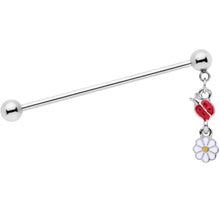 Load image into Gallery viewer, 14G Red White Ladybug Flower Dangle Industrial Barbell 38mm