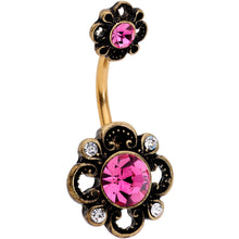 Load image into Gallery viewer, Pink Clear Gem Gold Tone Open Flower Double Mount Belly Ring