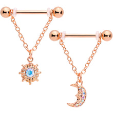 Load image into Gallery viewer, 14G 5/8 Aurora Gem Rose Gold Tone Moon Sun Dangle Nipple Ring Set