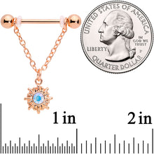 Load image into Gallery viewer, 14G 5/8 Aurora Gem Rose Gold Tone Moon Sun Dangle Nipple Ring Set