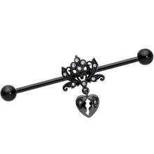 Load image into Gallery viewer, 14G Clear Gem Black Heart Lock Lotus Flower Industrial Barbell 38mm