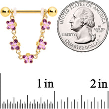 Load image into Gallery viewer, 14G 3/4 Pink Purple Gold Tone Butterflies Dangle Nipple Ring Set