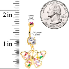 Load image into Gallery viewer, Green Pink Red CZ Gem Gold Tone Spring Butterfly Dangle Belly Ring