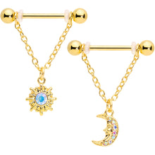 将图片加载到图库查看器,14G 5/8 Aurora Gem Gold Tone Sun Moon Dangle Nipple Ring Set