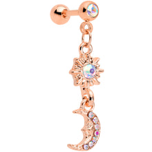 Load image into Gallery viewer, 16G 1/4 Aurora Gem Rose Gold Tone Moon Dangle Cartilage Tragus