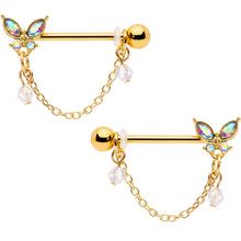 将图片加载到图库查看器,14G 5/8 Aurora Gem Gold Tone Butterfly Dangle Nipple Ring Set