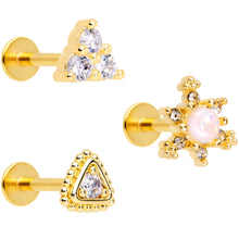 Load image into Gallery viewer, 16G 5/16 Clear Gem Gold Tone Triangles Labret Tragus Set of 3
