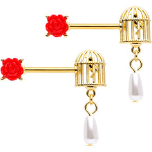 Load image into Gallery viewer, 14G 9/16 Red Flower Gold Tone Birdcage Barbell Nipple Ring Set