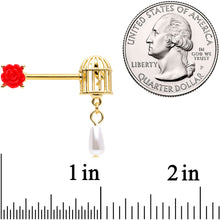 Load image into Gallery viewer, 14G 9/16 Red Flower Gold Tone Birdcage Barbell Nipple Ring Set