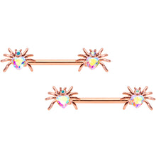 Load image into Gallery viewer, 14G 5/8 Aurora Gem Rosy Sexy Heart Spider Barbell Nipple Ring Set