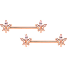 Load image into Gallery viewer, 14G 5/8 Clear Gem Rose Gold Tone Beautiful Flower Nipple Ring Set