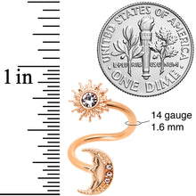 Load image into Gallery viewer, 14G 7/16 Clear Gem Rose Gold Tone Moon Spiral Twister Belly Ring