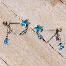 Load image into Gallery viewer, 14G 5/8 Blue Gem Rocket Star Moon Dangle Barbell Nipple Ring Set