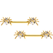 Load image into Gallery viewer, 14G 9/16 Clear Gem Gold Tone Heart Spider Nipple Ring Set