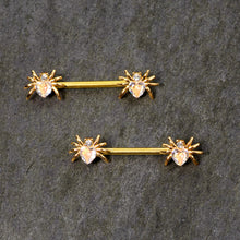 Load image into Gallery viewer, 14G 9/16 Clear Gem Gold Tone Heart Spider Nipple Ring Set
