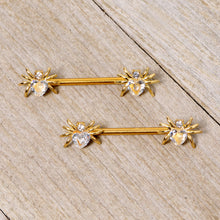 Load image into Gallery viewer, 14G 9/16 Clear Gem Gold Tone Heart Spider Nipple Ring Set