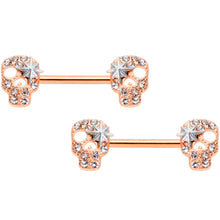 Load image into Gallery viewer, 14G Clear Gem Rose Gold Tone Star Skull Barbell Nipple Ring Set