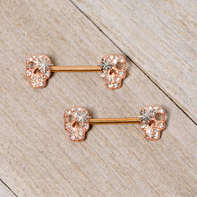 Load image into Gallery viewer, 14G Clear Gem Rose Gold Tone Star Skull Barbell Nipple Ring Set