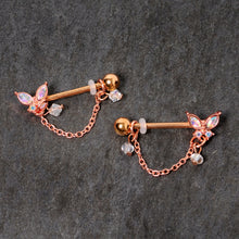 Load image into Gallery viewer, 14G 5/8 Aurora Gem Rose Gold Tone Butterfly Dangle Nipple Ring Set