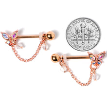 Load image into Gallery viewer, 14G 5/8 Aurora Gem Rose Gold Tone Butterfly Dangle Nipple Ring Set